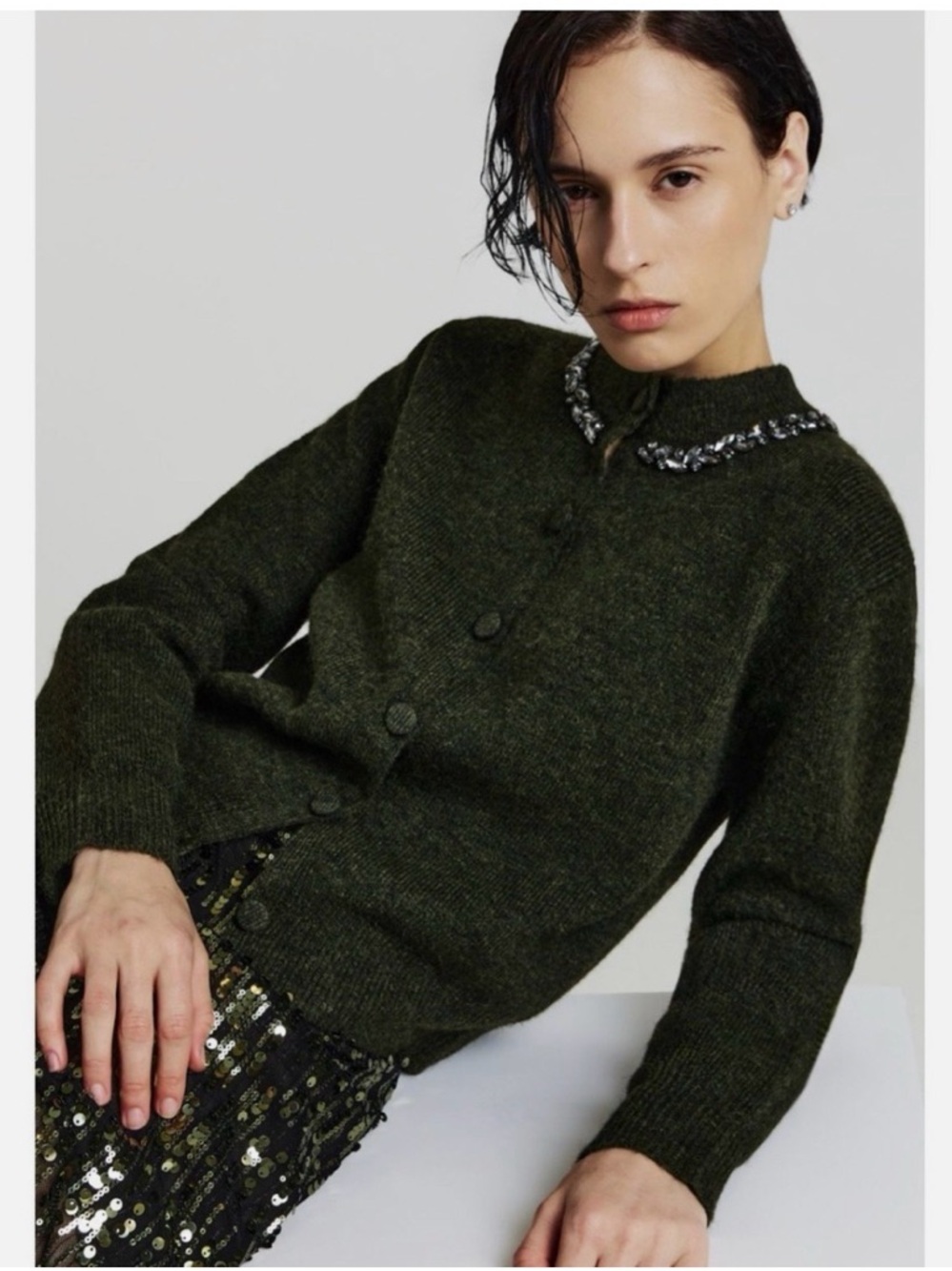 ZARA JEWEL BEADED KNIT CARDIGAN - Green